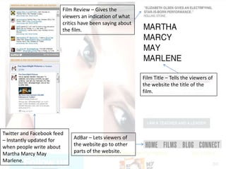 Film Review – Gives the
                        viewers an indication of what
                        critics have been saying about
                        the film.




                                                         Film Title – Tells the viewers of
                                                         the website the title of the
                                                         film.




Twitter and Facebook feed
– Instantly updated for     AdBar – Lets viewers of
when people write about     the website go to other
Martha Marcy May            parts of the website.
Marlene.
 