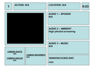 1

ACTION: N/A

LOCATION: N/A

AUDIO 1 – SPOKEN
N/A

AUDIO 2 – AMBIENT
High pitched screaming

AUDIO 3 – MUSIC
N/A
CAMERA SHOTS
N/A
CAMERA ANGLES
N/A

CAMERA MOVEMENT
N/A

TRANSITION TO NEXT SHOT
FADE

0:03

 