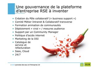 Une gouvernance de la plateforme
        d’entreprise RSE à inventer
  • Création du Pôle collaboratif (« business support »)
  • Comité Métier Intranet & Collaboratif transverse
  • Formation animation de communautés
  • Déploiement « viral » / mesures audience
  • Support par un Community Manager
  • Politique d’accès internet
  • Marketing de la DSI
  • Catalogue de
    service et
    refacturation
  • Saas, Cloud
  • 24/7



> DSI Lyonnaise des eaux et l’Entreprise 2.0               11/15
 