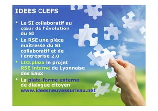 IDEES CLEFS
•   Le SI collaboratif au
    cœur de l'évolution
    du SI
•   Le RSE une pièce
    maîtresse du SI
    collaboratif et de
    l’entreprise 2.0
•   LIO.plaza le projet
    RSE interne de Lyonnaise
    des Eaux
•   La plate-forme externe
    de dialogue citoyen
    www.ideesneuvessurleau.net

26/09/2010 > DSI - AGENDA        3
 