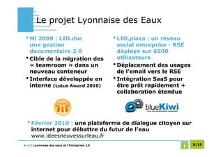 Le projet Lyonnaise des Eaux

 • Mi 2009 : LIO.doc                           • LIO.plaza : un réseau
   une gestion                                   social entreprise - RSE
   documentaire 2.0                              déployé sur 6500
 • Cible de la migration des                     utilisateurs
   « teamroom » dans un                        • Déplacement des usages
   nouveau conteneur                             de l’email vers le RSE
 • Interface développée en                     • Intégration SaaS pour
   interne (Lotus Award 2010)                    être prêt rapidement +
                                                 collaboration étendue




  • Février 2010 : une plateforme de dialogue citoyen sur
    internet pour débattre du futur de l’eau
    www.ideesneuvessurleau.fr
> DSI Lyonnaise des eaux et l’Entreprise 2.0                               8/15
 