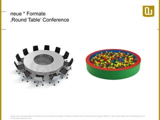 neue * Formate
‚Round Table‘ Conference

Quelle: http://es.dreamstime.com/fotos-de-archivo-libres-de-regal%C3%ADas-conferencia-de-mesa-redonda-image31168278 ; https://www.happy-kidz.com/ballebad-rundverschiedene-grossen.html

 
