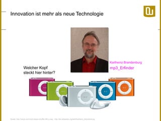 Innovation ist mehr als neue Technologie

Karlheinz Brandenburg

Welcher Kopf
steckt hier hinter?

Quelle: http://ukcjs.com/mp3-player-shuffle-280-p.asp ; http://de.wikipedia.org/wiki/Karlheinz_Brandenburg

mp3_Erfinder

 