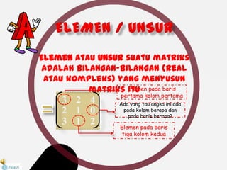 Elemen atau unsur suatu matriks
adalah bilangan-bilangan (real
atau kompleks) yang menyusun
matriks itu
3 2 4
2 1 0
3 1 2
Elemen pada baris
pertama kolom pertama
Elemen pada baris
tiga kolom kedua
Ada yang tau angka ini ada
pada kolom berapa dan
pada baris berapa?
 