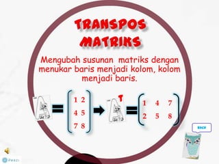 Mengubah susunan matriks dengan
menukar baris menjadi kolom, kolom
menjadi baris.
1 2
4 5
7 8
t 1 4 7
2 5 8
back
 