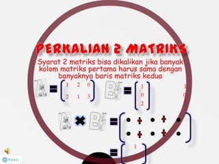 Syarat 2 matriks bisa dikalikan jika banyak
kolom matriks pertama harus sama dengan
banyaknya baris matriks kedua
1 2 0
2 1 3
1
0
2
1
8
1
0
2
 