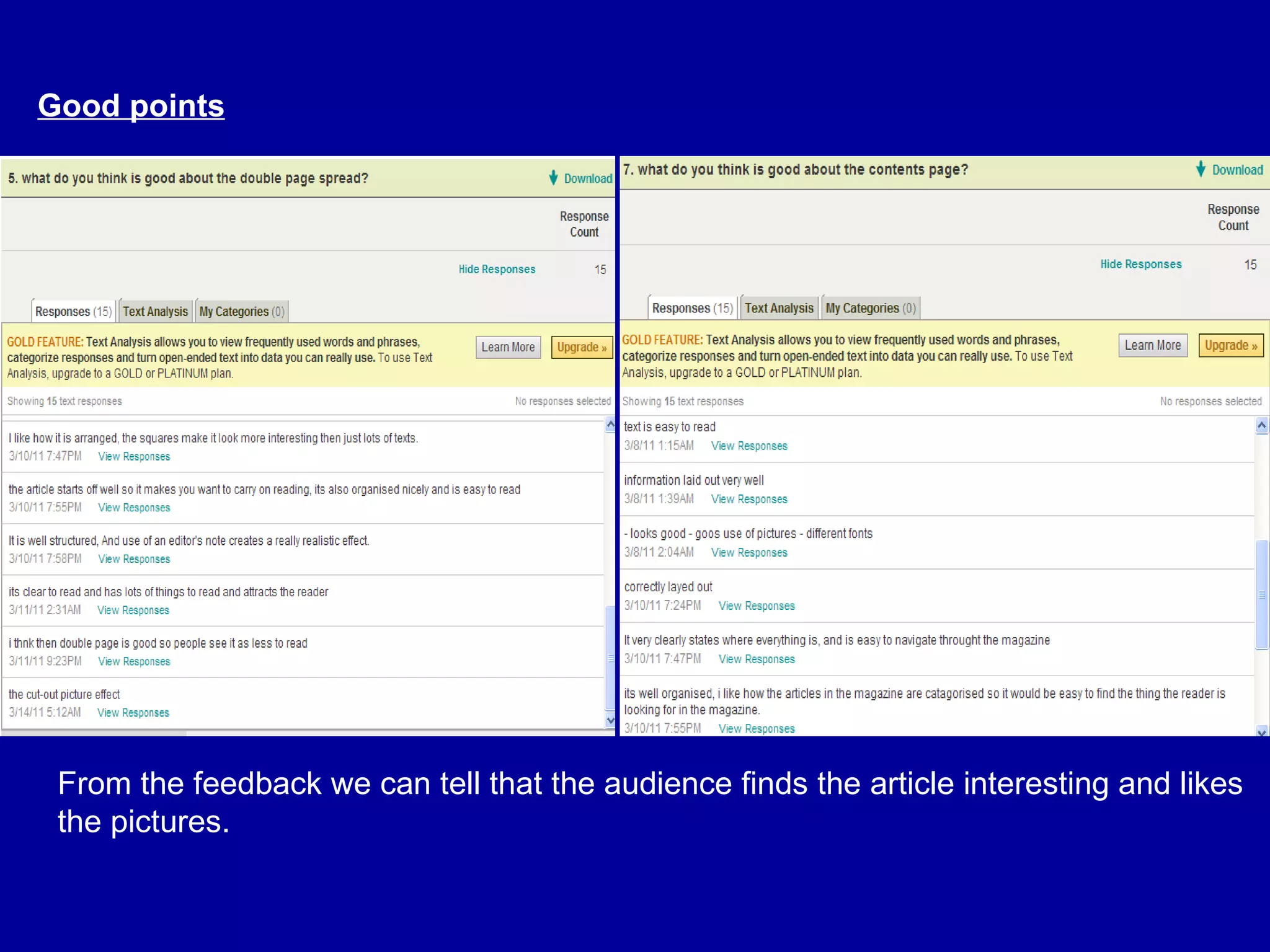 Good points From the feedback we can tell that the audience finds the article interesting and likes the pictures. 
