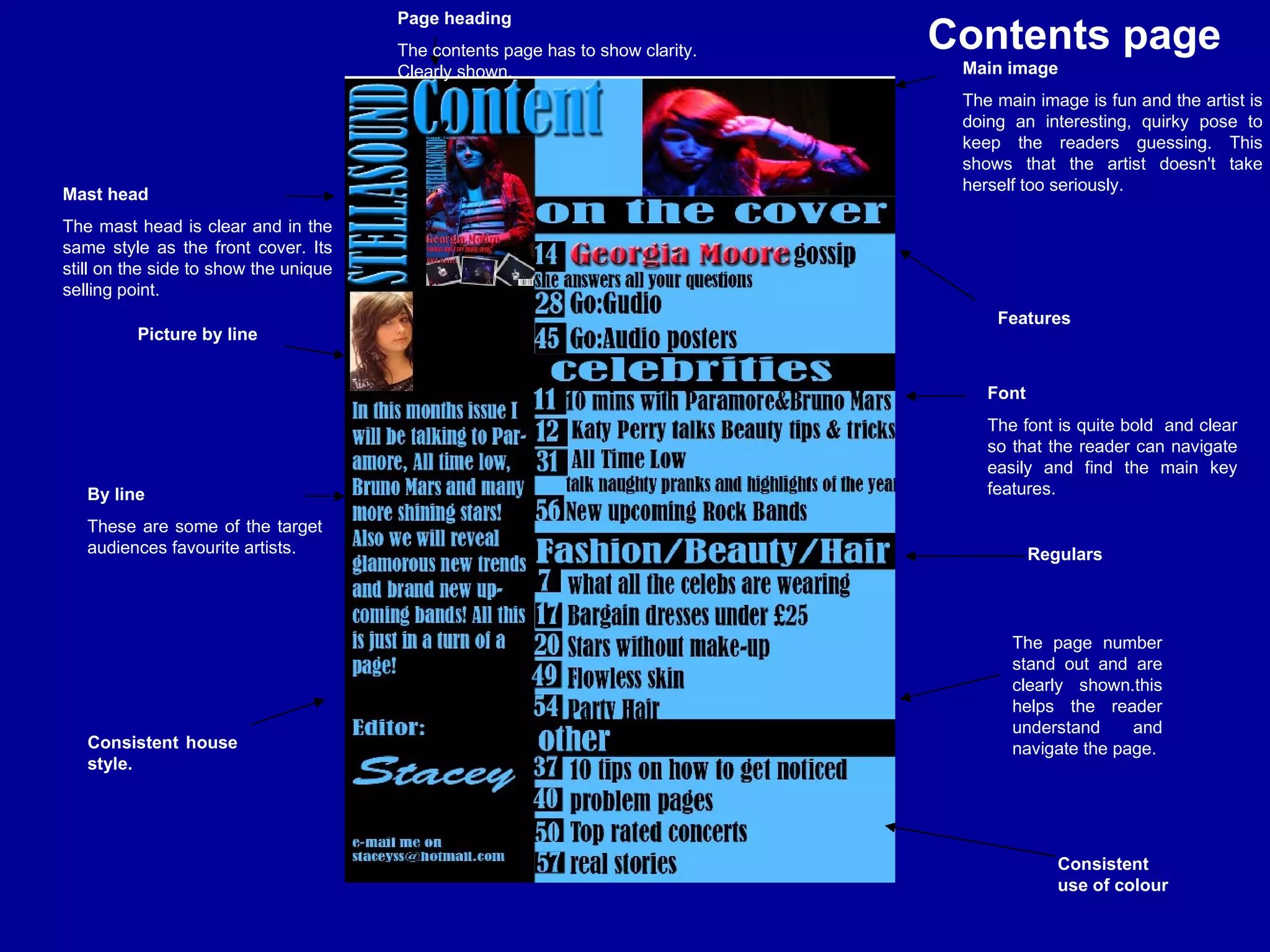 Mast head The mast head is clear and in the same style as the front cover. Its still on the side to show the unique selling point. Page heading The contents page has to show clarity. Clearly shown. Features Main image The main image is fun and the artist is doing an interesting, quirky pose to keep the readers guessing. This shows that the artist doesn't take herself too seriously.  Picture by line  By line These are some of the target audiences favourite artists. Consistent use of colour Font The font is quite bold  and clear so that the reader can navigate easily and find the main key features. Regulars Contents page The page number stand out and are clearly shown.this helps the reader understand and navigate the page. Consistent house style. 