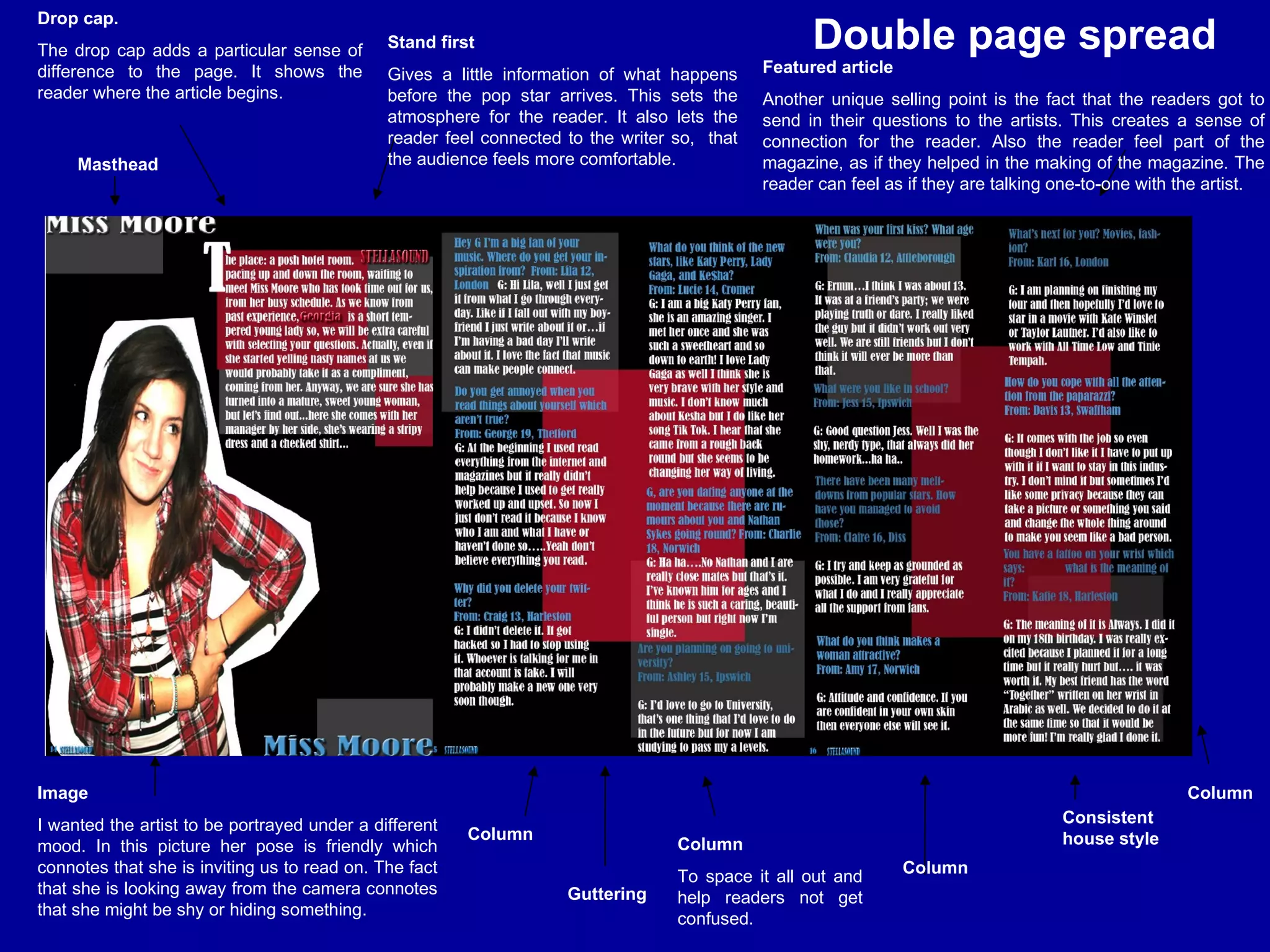 Masthead Image I wanted the artist to be portrayed under a different mood. In this picture her pose is friendly which connotes that she is inviting us to read on. The fact that she is looking away from the camera connotes that she might be shy or hiding something. Featured article Another unique selling point is the fact that the readers got to send in their questions to the artists. This creates a sense of connection for the reader. Also the reader feel part of the magazine, as if they helped in the making of the magazine. The reader can feel as if they are talking one-to-one with the artist.  Drop cap. The drop cap adds a particular sense of difference to the page. It shows the reader where the article begins.  Stand first Gives a little information of what happens before the pop star arrives. This sets the atmosphere for the reader. It also lets the reader feel connected to the writer so,  that the audience feels more comfortable. Column Column Column Column To space it all out and help readers not get confused. Guttering Double page spread Consistent house style 