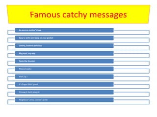 As pure as mother’s love
Easy to write and easy on your pocket
Utterly, butterly delicious
My pepsi ,my way
Taste the thunder
Khayaal aapka
Wah,Taj !
It’s finger lickin’ good
Dimaag ki batti jalaa de
Neighbour’s envy ,owner’s pride
 
