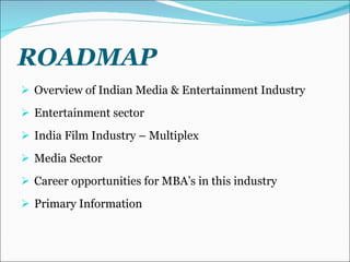 ROADMAP Overview of Indian Media & Entertainment Industry Entertainment sector India Film Industry – Multiplex Media Sector Career opportunities for MBA’s in this industry Primary Information  