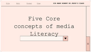 File
Five Core
concepts of media
Literacy
Edit Format View SIR MARK ROBERT DE JESUS’S CLASS
 