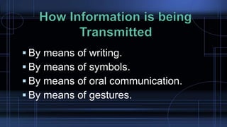  By means of writing.
 By means of symbols.
 By means of oral communication.
 By means of gestures.
 