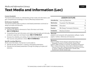 D
EPED
C
O
PY
Media and Information Literacy
Text Media and Information (Lec)
Content Standards
The learners demonstrate an understanding of text media and information, and
gain comprehensive knowledge on how to effectively evaluate them.
Performance Standards
The learners shall be able to produce a text-based presentation anchored on
design principles and elements.
Learning Competencies
• Describe the different dimensions of text information and media.
MIL11/12TIM-IVb-3
• Comprehend how text information and media is/are formally and informally
produced, organized, and disseminated. MIL11/12TIM-IVb-4
• Evaluate the reliability and validity of text information and media and its/
their sources using selection criteria. MIL11/12TIM-IVb-5
Specific Learning Objectives
At the end of the lesson, the learners must be able to:
• Identify the basic elements in creating a text-based presentation
• Evaluate the text-based presentation through the design principles and
elements.
!112
60 MINS
LESSON OUTLINE
Introduction Learning Objectives 3
Motivation Fraudulent Text Messages 6
Instruction Discussion 30
Practice MIL Design Framework: Brochure 15
Evaluation Brochure Content 6
Materials
projector and computer with presentation software, manila
papers, markers, references and resources
Resources
Robins, W. (2008). The Non-Designer’s Design Book: Design and
Typographic Principles for the Visual Novice. Peachpit Press.
Parekh, R. (2006). Principles of multimedia. Tata McGraw-Hill Education.
Wilson, Carolyn; Grizzle, Anton; Tuazon, Ramon; Akyempong; Kwane;
Cheung, Chi-Kim (2011). Media and Information Literacy: Curriculum
for Teachers. UNESCO Press ISBN 978-92-3-104198-3 (EN);
978-959-18-07; 978-959-18-0787-8 (ES)
This Teaching Guide is a donation by CHED to DepEd. It is for reference purposes only.
 