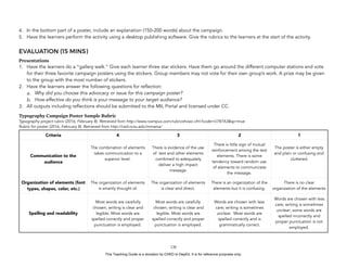 D
EPED
C
O
PY
4. In the bottom part of a poster, include an explanation (150-200 words) about the campaign.
5. Have the learners perform the activity using a desktop publishing software. Give the rubrics to the learners at the start of the activity.
EVALUATION (15 MINS)
Presentations
1. Have the learners do a “gallery walk.” Give each learner three star stickers. Have them go around the different computer stations and vote
for their three favorite campaign posters using the stickers. Group members may not vote for their own group’s work. A prize may be given
to the group with the most number of stickers.
2. Have the learners answer the following questions for reflection:
a. Why did you choose this advocacy or issue for this campaign poster?
b. How effective do you think is your message to your target audience?
3. All outputs including reflections should be submitted to the MIL Portal and licensed under CC.
Typography Campaign Poster Sample Rubric
Typography project rubric (2016, February 8). Retrieved from http://www.rcampus.com/rubricshowc.cfm?code=U787A3&sp=true
Rubric for poster (2016, February 8). Retrieved from http://ced.ncsu.edu/mmania/
Criteria 4 3 2 1
Communication to the
audience
The combination of elements
takes communication to a
superior level.
There is evidence of the use
of text and other elements
combined to adequately
deliver a high impact
message.
There is little sign of mutual
reinforcement among the text
elements. There is some
tendency toward random use
of elements to communicate
the message.
The poster is either empty
and plain or confusing and
cluttered.
Organization of elements (font
types, shapes, color, etc.)
The organization of elements
is smartly thought of.
The organization of elements
is clear and direct.
There is an organization of the
elements but it is confusing.
There is no clear
organization of the elements
Spelling and readability
Most words are carefully
chosen; writing is clear and
legible. Most words are
spelled correctly and proper
punctuation is employed.
Most words are carefully
chosen; writing is clear and
legible. Most words are
spelled correctly and proper
punctuation is employed.
Words are chosen with less
care; writing is sometimes
unclear. Most words are
spelled correctly and is
grammatically correct.
Words are chosen with less
care; writing is sometimes
unclear; some words are
spelled incorrectly and
proper punctuation is not
employed.
!120
This Teaching Guide is a donation by CHED to DepEd. It is for reference purposes only.
 
