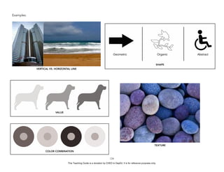 D
EPED
C
O
PY
Examples:
!124
COLOR COMBINATION
VALUE
VERTICAL VS. HORIZONTAL LINE
SHAPE
TEXTURE
This Teaching Guide is a donation by CHED to DepEd. It is for reference purposes only.
 