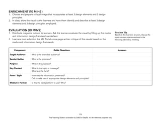 D
EPED
C
O
PY
ENRICHMENT (10 MINS)
1. Choose and prepare a visual image that incorporates at least 3 design elements and 3 design
principles.
2. In class, show the visual to the learners and have them identify and describe at least 3 design
elements and 3 design principles employed.
EVALUATION (10 MINS)
1. Distribute magazine cutouts to learners. Ask the learners evaluate the visual by filling up the media
and information design framework worksheet.
2. Learners must submit at the MIL Portal a one-page written critique of the visuals based on the
media and information design framework:
Component Guide Questions Answers
Target Audience Who is the intended audience?
Sender/Author Who is the producer?
Purpose What is the purpose?
Key Content What is the topic or message?
What are the facts?
Form / Style How was the information presented?
Did it make use of appropriate design elements and principles?
Medium / Format Is this the best platform to use? Why?
!126
Teacher Tip
Based on the learners’ answers, discuss the
most common misconceptions in the
following laboratory meeting.
This Teaching Guide is a donation by CHED to DepEd. It is for reference purposes only.
 