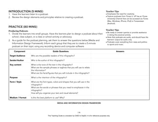 D
EPED
C
O
PY
INTRODUCTION (5 MINS)
1. Have the learners listen to a podcast.
2. Review the design elements and principles relative to creating a podcast.
PRACTICE (80 MINS)
Producing Podcasts
1. Divide the learners into small groups. Have the learners plan to design a podcast about their
school, class subject, or a class or school activity or advocacy.
2. As a guide for the podcast planning, ask them to answer the questions below (Media and
Information Design Framework). Inform each group that they are to create a 5-minute
podcast on their topic using any recording device and computer software.
!136
Teacher Tips
• Emphasize the need for creativity.
• Feature podcasts from iTunes U. UP has an iTunes
University Channel that can be accessed via iTunes
(Mac, Windows, iPhone, iPod) or Tunesviewer
(Android).
MEDIA AND INFORMATION DESIGN FRAMEWORK
Component Guide Questions Answers
Target Audience Who are the possible readers of this infographic?
Sender/Author Who is the author of this infographic?
Key content What is the tone of the text in the infographic?
What are the sample phrases or taglines that you will use to relate
the information?
What are the facts/figures that you will include in the infographic?
Purpose What is the intention of the infographic?
Form / Style What are the font types, colors and shapes that you will use in the
infographic?
What are the words or phrases that you need to emphasize in the
infographic?
How will you organize your text and visual elements?
Medium / Format Is this the best platform to use? Why?
Teacher Tips
• Be ready to answer queries or provide assistance
in doing the practical activity.
• Note that podcasts are audio, and should have the
learners’ output be audio only.
• Podcasts cover everything from news and politics
to sports and music.
This Teaching Guide is a donation by CHED to DepEd. It is for reference purposes only.
 