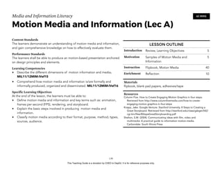D
EPED
C
O
PY
Media and Information Literacy
Motion Media and Information (Lec A)
Content Standards
The learners demonstrate an understanding of motion media and information,
and gain comprehensive knowledge on how to effectively evaluate them.
Performance Standards
The learners shall be able to produce an motion-based presentation anchored
on design principles and elements.
Learning Competencies
• Describe the different dimensions of motion information and media.
MIL11/12MIM-IVef15
• Comprehend how motion media and information is/are formally and
informally produced, organized and disseminated. MIL11/12MIM-IVef16
Specific Learning Objectives
At the end of the lesson, the learners must be able to:
• Define motion media and information and key terms such as: animation,
frames per second (FPS), rendering, and storyboard.
• Explain the basic steps involved in producing motion media and
information.
• Classify motion media according to their format, purpose, method, types,
sources, audience.
!139
60 MINS
LESSON OUTLINE
Introduction Review, Learning Objectives 5
Motivation Samples of Motion Media and
Information
5
Instruction Flipbook, Motion Media 40
Enrichment Reflection 10
Materials
flipbook, blank pad papers, adhesives/tape
Resources
Column Five. How to Create Engaging Motion Graphics in four steps.
Retrieved from http://www.columnfivemedia.com/how-to-create-
engaging-motion-graphics-in-four-steps
Knapp, Jake. Google Venture. Stanford University. 8 Steps to Creating a
Great Storyboard. Retrieved from http://stanford.edu/class/gsbgen542/
cgi-bin/files/8StepsGreatStoryboarding.pdf
Shelton, S.M. (2004). Communicating ideas with film, video and
multimedia: A practical guide to information motion-media.
Carbondale: South Illinois Press
This Teaching Guide is a donation by CHED to DepEd. It is for reference purposes only.
 