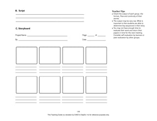 D
EPED
C
O
PY
B. Script
———————————————————————————-————
—————————————————————-——————————
———————————————————-————————————
C. Storyboard
!148
Teacher Tips
• Check the output of each group- the
format,, flow and continuity of their
stories.
• The output may be very raw. What is
important is that students are able to
determine key sequences in their story.
• You may not have enough time to
evaluate their work and return their
papers in time for the next meeting.
Consider self evaluation by learners or
peer evaluation by other groups.
This Teaching Guide is a donation by CHED to DepEd. It is for reference purposes only.
 