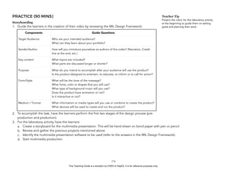 D
EPED
C
O
PY
PRACTICE (90 MINS)
Storyboarding
1. Guide the learners in the creation of their video by reviewing the MIL Design Framework:
2. To accomplish the task, have the learners perform the first two stages of the design process (pre-
production and production).
3. For the laboratory activity, have the learners:
a. Create a storyboard for the multimedia presentation. This will be hand-drawn on bond paper with pen or pencil.
b. Review and gather the previous projects mentioned above.
c. Identify the multimedia presentation software to be used (refer to the answers in the MIL Design Framework).
d. Start multimedia production.
!174
Components Guide Questions
Target Audience Who are your intended audience?
What can they learn about your portfolio?
Sender/Author How will you introduce yourselves as authors of this video? (Narration, Credit
line at the end, etc.)
Key content What topics are included?
What parts are discussed longer or shorter?
Purpose What do you intend to accomplish after your audience will use the product?
Is the product designed to entertain, to educate, to inform or to call for action?
Form/Style What will be the tone of the message?
What fonts, color or shapes that you will use?
What type of background music will you use?
Does the product have animation or not?
Is it interactive or not?
Medium / Format What information or media types will you use or combine to create the product?
What devices will be used to create and run the product?
Teacher Tip
Present the rubric for this laboratory activity
at the beginning to guide them on setting
goals and planning their work.
This Teaching Guide is a donation by CHED to DepEd. It is for reference purposes only.
 