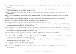 D
EPED
C
O
PY
Krieger, D. (2005). Teaching debate to ESL students: A six-class unit. Retrieved from http://iteslj.org/Techniques/Krieger-Debate.html on September
27, 2015.
Lewis, Mrs. (n.d.) Oral presentation rubric: Rap or poem rubric. Retrieved http://rubistar.4teachers.org/index.php?
screen=PrintRubric&rubric_id=1436538& on February 15, 2016.
Leyson, L. (n.d.) Retrieved http://www.philippine-islands.ph/en/effect_of_internet_and_cellphones_on_the_filipino_youth-aid_36.html on 15
September 2015.
Making A Map : Mind Map Rubric. Retrieved http://rubistar.4teachers.org/index.php?screen=ShowRubric&rubric_id=1095617& on 29 February
2016.
Marketing Interactive, Top Ten Most Popular Actions on Facebook. Retrieved from http://www.marketing-interactive.com on Oct 5, 2015
Marshall, D. (2001). History of Multimedia. Retrieved from www.cs.cf.ac.uk on February 8, 2016.
Marvin Bartel. Retrieved from http://www.incredibleart.org/files/elements2.htm on November 7, 2015
Mateo, J. (2015, December 3) UP grad in photo plagiarism gets redemption”. Retrieved http://www.philstar.com/headlines/2015/12/03/1528420/
grad-photo-plagiarism-gets-redemption on February 4, 2016.
Matham, P. (2015, Jan 19). ICT to help increase fish production. Retrieved from https://www.youtube.com/watch?v=uVpTBgKidYc on 3 March 2016.
Melissa P.(2013) How can I tell if a website is credible. University of Wisconsin. Retrieved from https://www.edb.utexas.edu/petrosino/Legacy_Cycle/
mf_jm/Challenge%201/website%20reliable.pdf on February 8, 2016
Multimedia Presentation Rubric. Retrieved from http://www.wiki.ggc.edu/images/5/54/RubricVideo.doc on February 8, 2016
Mundy, Paul and Compton , J. Lin (1991). Indigenous Communication and Indigenous
MyCebuPartners (2015, August 12). Tourism in Southern Cebu gets digital boost from Talk ‘N Text, Internet.org. Retrieved http://mycebu.ph/article/
southern-cebu-tourism-digital-boost/ on 10 September 2015.
Neuman, R. (2010). Theories of media evolution. Media, Technology, and Society: Theories of Media Evolution. http://press.umich.edu/
titleDetailDesc.do?id=293114 on October 5, 2015
Noll, A. M. (2006). The evolution of media. Rowman & Littlefield.
Norton, P. (2006). Introduction to Computers. McGraw-Hill Education.
O’Brien, M. & Kellan, A. (2011). Virtual self can affect reality self. Retrieved from http://phys.org/news/2011-01-virtual-affect-reality.html on
September 5, 2015.
This Teaching Guide is a donation by CHED to DepEd. It is for reference purposes only.
 