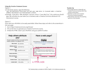 D
EPED
C
O
PY
Using the Creative Commons License
Option 1
• In the footer section, type the following:
!!<put!the!ePortfolio!title!here>!by!<put!your!name!here>!is!licensed!under!a!Creative!!
!!Commons!Attribution!4.0!International!License.!
• Example: If the title is “MIL ePortfolio” and your name is “Juan dela Cruz”, this is what you should
type: MIL ePortfolio by Juan dela Cruz is licensed under a Creative Commons Attribution 4.0
International License.
Option 2
If you want your ePortfolio to be easily searchable, follow these steps and refer to the screenshots in
the next page:
1. Go to https://creativecommons.org/choose/
2. Fill out the form to generate your Creative Commons License.
3. Embed the HTML code in your ePortfolio using your platform’s editor.
!18
Teacher tip
• Encourage learners to habitually use
Creative Commons licenses when they
produce work/output.
• Ask them to look out for Creative
Commons licenses everywhere.
• Alternatively, show them this teaching
guide as a local example.
This Teaching Guide is a donation by CHED to DepEd. It is for reference purposes only.
 
