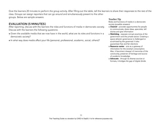 D
EPED
C
O
PY
Give the learners 20 minutes to perform the group activity. After filling-out the table, tell the learners to share their responses to the rest of the
class. Groups can assign reporters that can go around and simultaneously present to the other
groups. Below are sample answers:
EVALUATION (5 MINUTES)
After reporting, discuss with the learners the roles and functions of media in democratic society.
Discuss with the learners the following questions:
• Given the available media that we now have in the world, what are its roles and functions in a
democratic society?
• In what way does media affect your life (personal, professional, academic, social, others)?
!23
Teacher Tip
Roles and functions of media in a democratic
society (possible answers)
• Channel - provides opportunities for people
to communicate, share ideas, speculate, tell
stories and give information
• Watchdog - exposes corrupt practices of the
government and the private sector. Creating a
space wherein governance is challenged or
scrutinized by the governed. It also
guarantees free and fair elections
• Resource center - acts as a gateway of
information for the society’s consumption.
Also, it becomes a keeper of memories of the
community, preserver of heritage and source
of academic knowledge.
• Advocate - through its diverse sources or
formats, it bridges the gap of digital divide.
This Teaching Guide is a donation by CHED to DepEd. It is for reference purposes only.
 