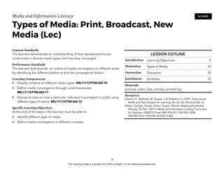 D
EPED
C
O
PY
Media and Information Literacy
Types of Media: Print, Broadcast, New
Media (Lec)
Content Standards
The learners demonstrate an understanding of how representations are
constructed in diverse media types and how they converged.
Performance Standards
The learners shall provide an outline of media convergence in different areas
by identifying the different platforms and the convergence therein.
Learning Competencies
• Classify contents of different media types. MIL11/12TYM-IIId-10
• Define media convergence through current examples. 
MIL11/12TYM-IIId-11
• Discuss to class on how a particular individual is portrayed in public using
different type of media. MIL11/12TYM-IIId-12
Specific Learning Objectives
At the end of the lesson, the learners must be able to:
• Identify different type of media.
• Define media convergence in different contexts.
!36
60 MINS
LESSON OUTLINE
Introduction Learning Objectives 5
Motivation Types of Media 10
Instruction Discussion 35
Enrichment Synthesis 10
Materials
pictures, video clips, articles, printed log
Resources
Heinich, R., Molenda, M., Russel, J. & Smaldino, S. (1999). Instructional
Media and Technologies for Learning, 6th ed. NJ: Prentice Hall, Inc.
Wilson, Carolyn; Grizzle, Anton; Tuazon, Ramon; Akyempong; Kwane;
Cheung, Chi-Kim (2011). Media and Information Literacy: Curriculum
for Teachers. UNESCO Press ISBN 978-92-3-104198-3 (EN);
978-959-18-07; 978-959-18-0787-8 (ES)
This Teaching Guide is a donation by CHED to DepEd. It is for reference purposes only.
 