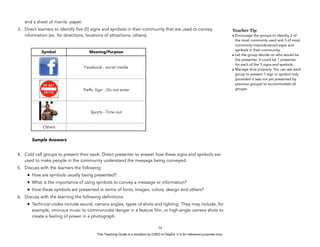 D
EPED
C
O
PY
and a sheet of manila paper.
3. Direct learners to identify five (5) signs and symbols in their community that are used to convey
information (ex. for directions, locations of attractions, others).
Sample Answers
4. Cold call groups to present their work. Direct presenter to answer how these signs and symbols are
used to make people in the community understand the message being conveyed.
5. Discuss with the learners the following:
• How are symbols usually being presented?
• What is the importance of using symbols to convey a message or information?
• How these symbols are presented in terms of fonts, images, colors, design and others?
6. Discuss with the learning the following definitions:
• Technical codes include sound, camera angles, types of shots and lighting. They may include, for
example, ominous music to communicate danger in a feature film, or high-angle camera shots to
create a feeling of power in a photograph.
!54
Symbol Meaning/Purpose
Facebook - social media
Traffic Sign - Do not enter
Sports - Time out
Others
!
Teacher Tip
• Encourage the groups to identity 2 of
the most commonly used and 3 of most
commonly misunderstood signs and
symbols in their community.
• Let the group decide on who would be
the presenter. It could be 1 presenter
for each of the 5 signs and symbols.
• Manage time properly. You can ask each
group to present 1 sign or symbol only
(provided it was not yet presented by
previous groups) to accommodate all
groups.
This Teaching Guide is a donation by CHED to DepEd. It is for reference purposes only.
 