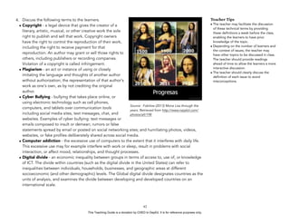 D
EPED
C
O
PY
4. Discuss the following terms to the learners.
• Copyright - a legal device that gives the creator of a
literary, artistic, musical, or other creative work the sole
right to publish and sell that work. Copyright owners
have the right to control the reproduction of their work,
including the right to receive payment for that
reproduction. An author may grant or sell those rights to
others, including publishers or recording companies.
Violation of a copyright is called infringement.
• Plagiarism - an act or instance of using or closely
imitating the language and thoughts of another author
without authorization; the representation of that author's
work as one's own, as by not crediting the original
author.
• Cyber Bullying - bullying that takes place online, or
using electronic technology such as cell phones,
computers, and tablets over communication tools
including social media sites, text messages, chat, and
websites. Examples of cyber bullying: text messages or
emails composed to insult or demean; rumors or false
statements spread by email or posted on social networking sites; and humiliating photos, videos,
websites, or fake profiles deliberately shared across social media.
• Computer addiction - the excessive use of computers to the extent that it interferes with daily life.
This excessive use may for example interfere with work or sleep, result in problems with social
interaction, or affect mood, relationships, and thought processes.
• Digital divide - an economic inequality between groups in terms of access to, use of, or knowledge
of ICT. The divide within countries (such as the digital divide in the United States) can refer to
inequalities between individuals, households, businesses, and geographic areas at different
socioeconomic (and other demographic) levels. The Global digital divide designates countries as the
units of analysis, and examines the divide between developing and developed countries on an
international scale.
!62
Teacher Tips
• The teacher may facilitate the discussion
of these technical terms by providing
these definitions a week before the class,
enabling the learners to have prior
knowledge of the topic.
• Depending on the number of learners and
the context of issues, the teacher may
have other topics to be discussed in class.
The teacher should provide readings
ahead of time to allow the learners a more
interactive discussion.
• The teacher should clearly discuss the
definition of each issue to avoid
misconceptions.
Source: Fobilow (2013) Mona Lisa through the
years. Retrieved from http://www.naijalol.com/
photos/all/198
This Teaching Guide is a donation by CHED to DepEd. It is for reference purposes only.
 