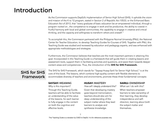 D
EPED
C
O
PY1
Introduction
As the Commission supports DepEd’s implementation of Senior High School (SHS), it upholds the vision
and mission of the K to 12 program, stated in Section 2 of Republic Act 10533, or the Enhanced Basic
Education Act of 2013, that “every graduate of basic education be an empowered individual, through a
program rooted on...the competence to engage in work and be productive, the ability to coexist in
fruitful harmony with local and global communities, the capability to engage in creative and critical
thinking, and the capacity and willingness to transform others and oneself.”
 
To accomplish this, the Commission partnered with the Philippine Normal University (PNU), the National
Center for Teacher Education, to develop Teaching Guides for Courses of SHS. Together with PNU, this
Teaching Guide was studied and reviewed by education and pedagogy experts, and was enhanced with
appropriate methodologies and strategies.
Furthermore, the Commission believes that teachers are the most important partners in attaining this
goal. Incorporated in this Teaching Guide is a framework that will guide them in creating lessons and
assessment tools, support them in facilitating activities and questions, and assist them towards deeper
content areas and competencies. Thus, the introduction of the SHS for SHS Framework.
The SHS for SHS Framework, which stands for “Saysay-Husay-Sarili for Senior High School,” is at the
core of this book. The lessons, which combine high-quality content with flexible elements to
accommodate diversity of teachers and environments, promote these three fundamental concepts:
SAYSAY: MEANING
Why is this important?
Through this Teaching Guide,
teachers will be able to facilitate
an understanding of the value
of the lessons, for each learner
to fully engage in the content
on both the cognitive and
affective levels.
HUSAY: MASTERY
How will I deeply understand this?
Given that developing mastery
goes beyond memorization,
teachers should also aim for
deep understanding of the
subject matter where they lead
learners to analyze and
synthesize knowledge.
SARILI: OWNERSHIP
What can I do with this?
When teachers empower
learners to take ownership of
their learning, they develop
independence and self-
direction, learning about both
the subject matter and
themselves.
SHS for SHS
Framework
This Teaching Guide is a donation by CHED to DepEd. It is for reference purposes only.
 
