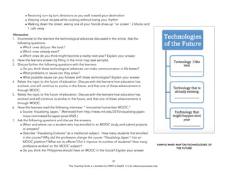 D
EPED
C
O
PY
• Receiving turn by turn directions as you walk toward your destination
• Viewing virtual recipes while cooking without losing your rhythm
• Walking down the street, seeing one of your friends show up "on screen" 2 blocks and
1 cafe away
Discussion
1. Enumerate to the learners the technological advances discussed in the article. Ask the
following questions:
• Which ones did you like best?
• Which ones already exist?
• Which ones do you think might become a reality next year? Explain your answer.
2. Have the learners answer by filling in the mind map (see sample).
3. Discuss further the following questions with the learners:
• Do you think these technological advances can make communication in life better?
• What problems or issues can they solve?
• What possible issues can you foresee with these technologies? Explain your answer.
4. Relate the topic to the future of education. Discuss with the learners how education has
evolved, and will continue to evolve in the future, and that one of these advancement is
through MOOC.
5. Relate the topic to the future of education. Discuss with the learners how education has
evolved and will continue to evolve in the future, and that one of these advancements is
through MOOC.
6. Have the learners read the following interview: “ Innovative humanities MOOC,“
• Source: Visualizing Japan,” (Retrieved from http://news.mit.edu/2015/visualizing-japan-
mooc-nominated-for-japan-prize-0925 )
7. Ask the following questions and discuss the answers:
• When and where can a student who has enrolled in an MOOC study and submit projects
or answers?
• Describe “Visualizing Cultures” as a traditional subject. How many students first enrolled
in the course? Why did the professors change the course “Visualizing Japan” into an
MOOC platform? What are its effects? Did it improve its number of students? How many
professors worked on the MOOC subject?
• Do you think the Philippines should have an MOOC in the future? Explain your answer.
!87
SAMPLE MIND MAP ON TECHNOLOGIES OF
THE FUTURE
This Teaching Guide is a donation by CHED to DepEd. It is for reference purposes only.
 