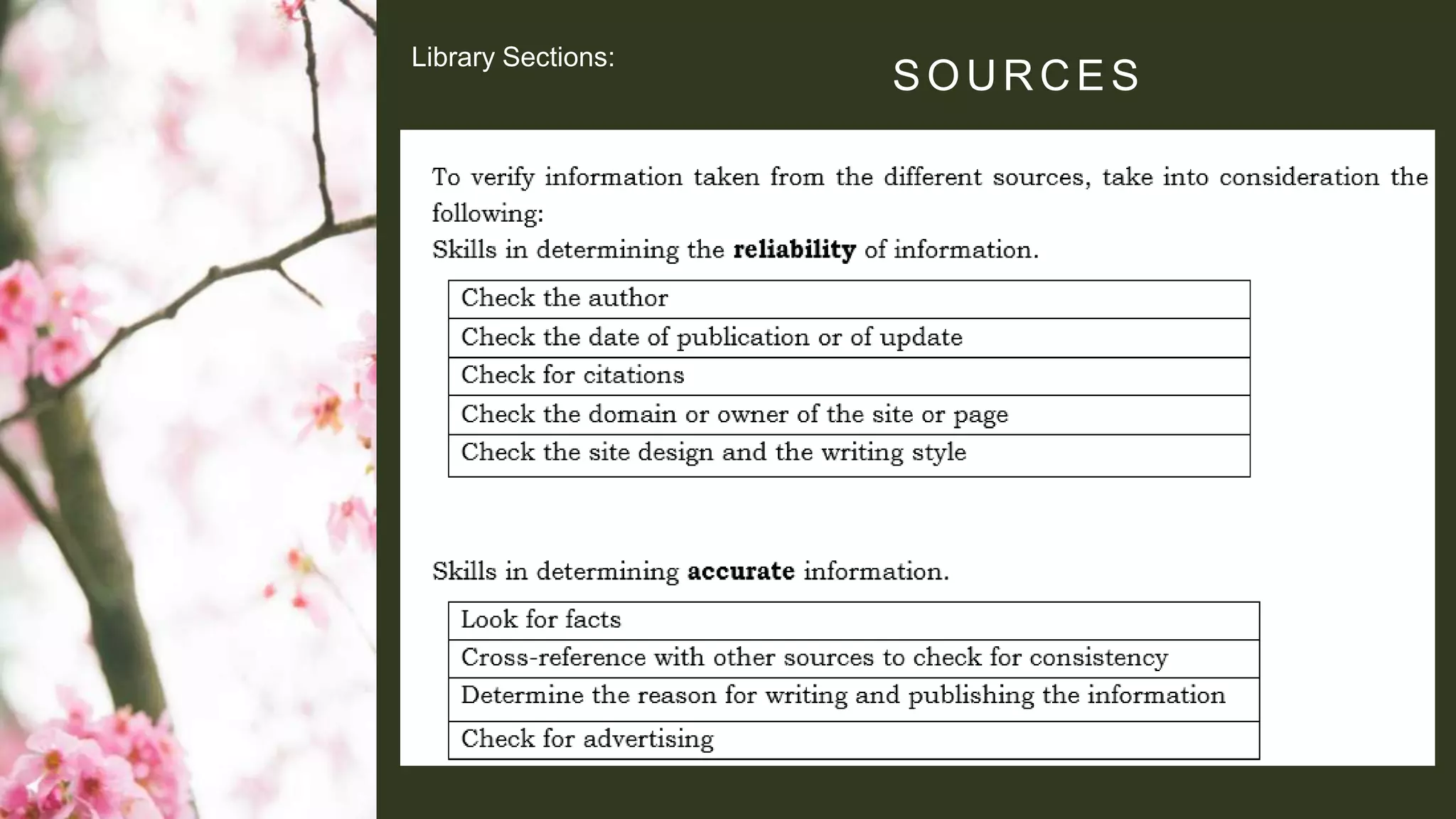 SOURCES
Library Sections:
 
