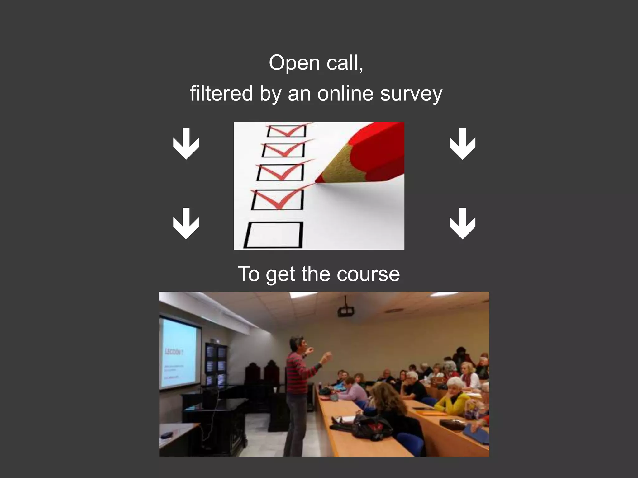 Open call,
filtered by an online survey

                              

                              
     To get the course
 