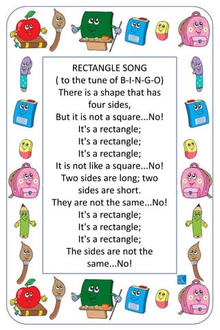 RECTANGLE SONG
( to the tune of B-I-N-G-O)
There is a shape that has
four sides,
But it is not a square...No!
It's a rectangle;
It's a rectangle;
It's a rectangle;
It is not like a square...No!
Two sides are long; two
sides are short.
They are not the same...No!
It's a rectangle;
It's a rectangle;
It's a rectangle;
The sides are not the
same...No!

 