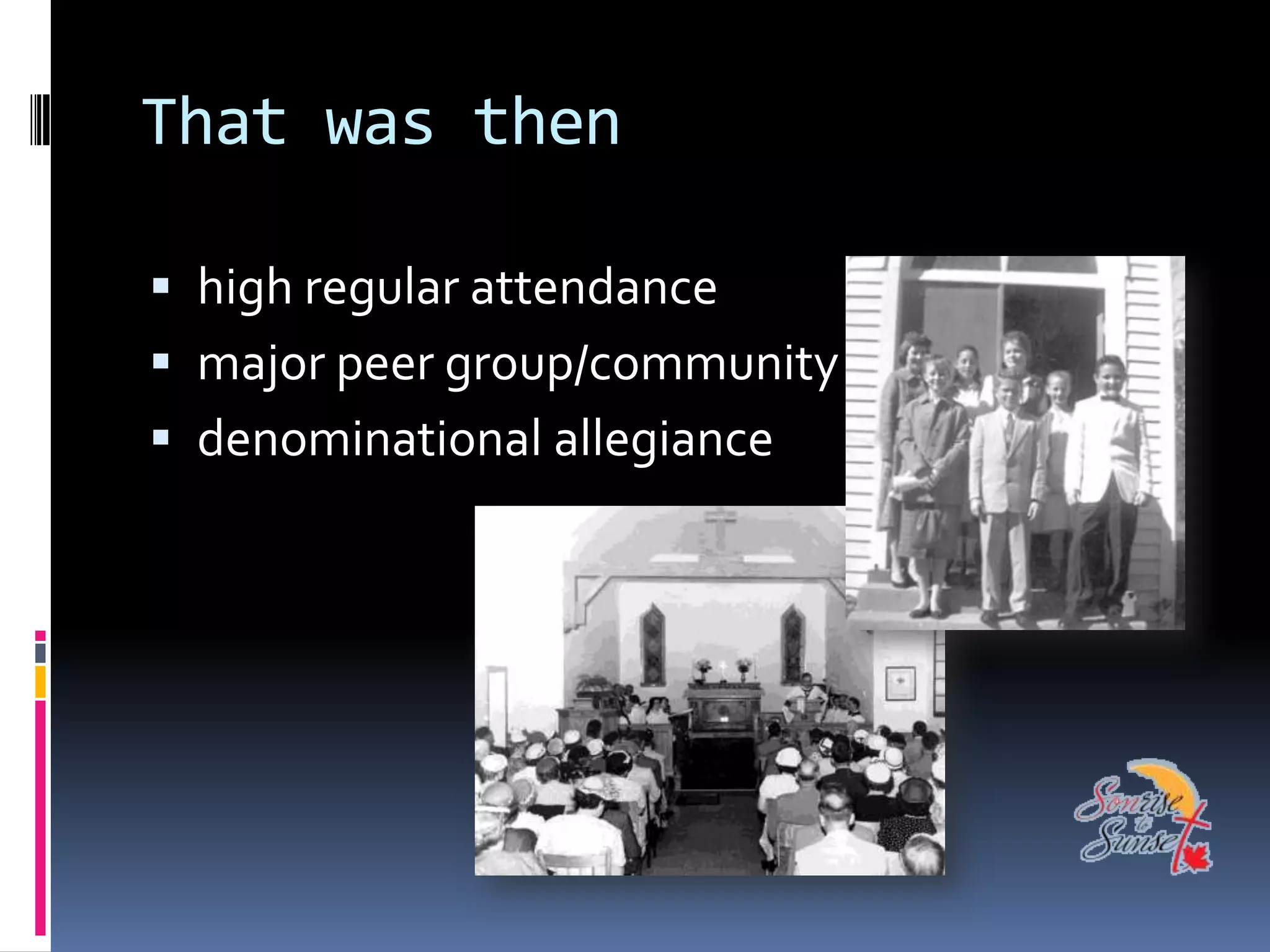 That was then

 high regular attendance
 major peer group/community
 denominational allegiance
 