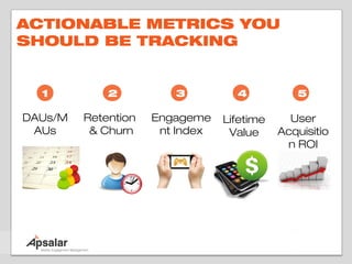 ACTIONABLE METRICS YOU
SHOULD BE TRACKING


  1          2          3          4           5

DAUs/M   Retention   Engageme    Lifetime     User
 AUs      & Churn     nt Index    Value     Acquisitio
                                             n ROI
 