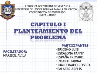 REPUBLICA BOLIVARIANA DE VENEZUELA MINISTERIO DEL PODER POPULAR PARA LA EDUCACION COORDINACIÓN DE POSTGRADO UNEFA - APURE ,[object Object],[object Object],[object Object],[object Object],[object Object],[object Object],[object Object],FACILITADOR: MARISOL AVILA 