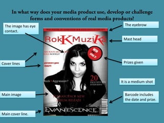 The image has eye     The eyebrow
 contact.
                      Mast head




Cover lines           Prizes given



                     It is a medium shot


Main image             Barcode includes
                       the date and prize.


Main cover line.
 