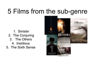 5 Films from the sub-genre
1. Sinister
2. The Conjuring
3. The Others
4. Insidious
5. The Sixth Sense
 