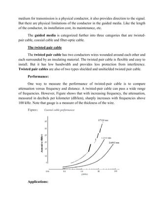medium for transmission is a physical conductor, it also provides direction to the signal.
But there are physical limitations of the conductor in the guided media. Like the length
of the conductor, its installation cost, its maintenance, etc.
The guided media is categorized further into three categories that are twisted-
pair cable, coaxial cable and fiber-optic cable.
The twisted pair cable
The twisted pair cable has two conductors wires wounded around each other and
each surrounded by an insulating material. The twisted pair cable is flexible and easy to
install. But it has low bandwidth and provides less protection from interference.
Twisted pair cables are also of two types shielded and unshielded twisted pair cable.
Performance:
One way to measure the performance of twisted-pair cable is to compare
attenuation versus frequency and distance. A twisted-pair cable can pass a wide range
of frequencies. However, Figure shows that with increasing frequency, the attenuation,
measured in decibels per kilometer (dB/km), sharply increases with frequencies above
100 kHz. Note that gauge is a measure of the thickness of the wire.
Applications:
 