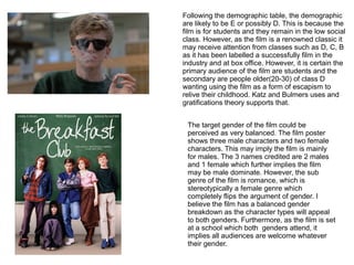 Following the demographic table, the demographic
are likely to be E or possibly D. This is because the
film is for students and they remain in the low social
class. However, as the film is a renowned classic it
may receive attention from classes such as D, C, B
as it has been labelled a successfully film in the
industry and at box office. However, it is certain the
primary audience of the film are students and the
secondary are people older(20-30) of class D
wanting using the film as a form of escapism to
relive their childhood. Katz and Bulmers uses and
gratifications theory supports that.
The target gender of the film could be
perceived as very balanced. The film poster
shows three male characters and two female
characters. This may imply the film is mainly
for males. The 3 names credited are 2 males
and 1 female which further implies the film
may be male dominate. However, the sub
genre of the film is romance, which is
stereotypically a female genre which
completely flips the argument of gender. I
believe the film has a balanced gender
breakdown as the character types will appeal
to both genders. Furthermore, as the film is set
at a school which both genders attend, it
implies all audiences are welcome whatever
their gender.
 