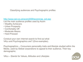 Classifying audiences and Psychographic profileshttp://www.caci.co.uk/acorn2009/acornmap_ext.aspList the main audience profiles used by Acorn Wealthy Achievers