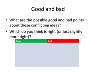 Good and bad What are the possible good and bad points about these conflicting ideas?  Which do you think is right (or just slightly more right)? Good Bad 