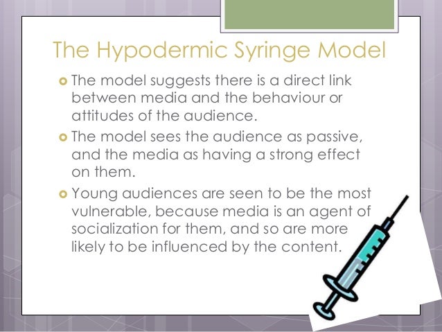 hypodermic syringe model sees media audience passive and e The effects model-the consumption of media texts has an effect or influence upon the audience-it is normally considered that this effect is negative-audiences are passive and powerless to prevent the influence. hypodermic syringe model sees media audience passive and e The effects model-the consumption of media texts has an effect or influence upon the audience-it is normally considered that this effect is negative-audiences are passive and powerless to prevent the influence.