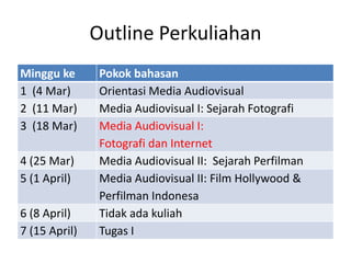 Outline Perkuliahan
Minggu ke Pokok bahasan
1 (4 Mar) Orientasi Media Audiovisual
2 (11 Mar) Media Audiovisual I: Sejarah Fotografi
3 (18 Mar) Media Audiovisual I:
Fotografi dan Internet
4 (25 Mar) Media Audiovisual II: Sejarah Perfilman
5 (1 April) Media Audiovisual II: Film Hollywood &
Perfilman Indonesa
6 (8 April) Tidak ada kuliah
7 (15 April) Tugas I
Minggu ke Pokok bahasan
1 (4 Mar) Orientasi Media Audiovisual
2 (11 Mar) Media Audiovisual I: Sejarah Fotografi
3 (18 Mar) Media Audiovisual I:
Fotografi dan Internet
4 (25 Mar) Media Audiovisual II: Sejarah Perfilman
5 (1 April) Media Audiovisual II: Film Hollywood &
Perfilman Indonesa
6 (8 April) Tidak ada kuliah
7 (15 April) Tugas I
 