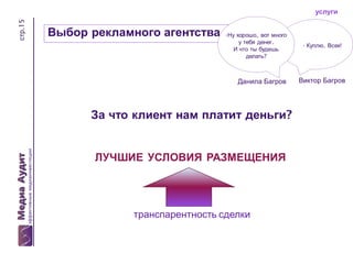 стр.15

услуги

Выбор рекламного агентства

-Ну хорошо, вот много
у тебя денег.
И что ты будешь
делать?

Данила Багров

За что клиент нам платит деньги?

ЛУЧШИЕ УСЛОВИЯ РАЗМЕЩЕНИЯ

транспарентность сделки

- Куплю. Всех!

Виктор Багров

 