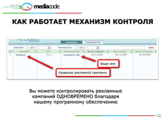 КАК РАБОТАЕТ МЕХАНИЗМ КОНТРОЛЯ




   Вы можете контролировать рекламные
    кампаний ОДНОВРЕМЕНО благодаря
     нашему програмному обеспечению
 