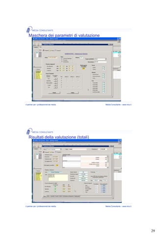 Maschera dei parametri di valutazione




Il partner per i professionisti dei media   Media Consultants – www.mcs.it




    Risultati della valutazione (totali)




Il partner per i professionisti dei media   Media Consultants – www.mcs.it




                                                                             29
 